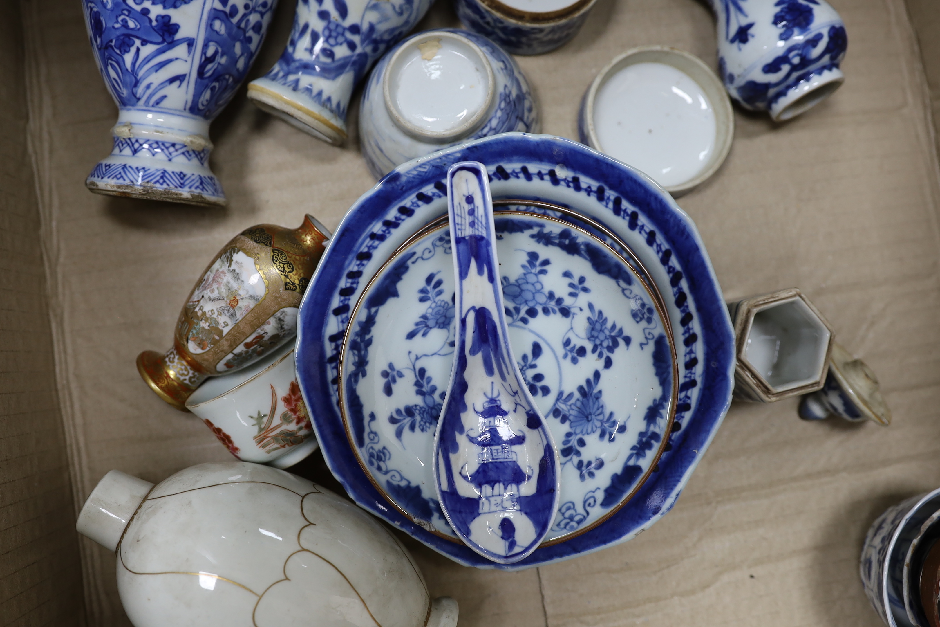 A group of Chinese blue and white vases, box and tea wares, Kangxi to 19th century and other ceramics